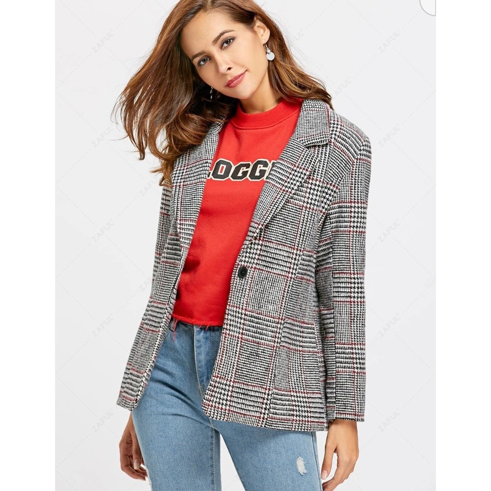Zaful Plaid Blazer Size M Gray JACKET Double Breasted Preppy Career Office City